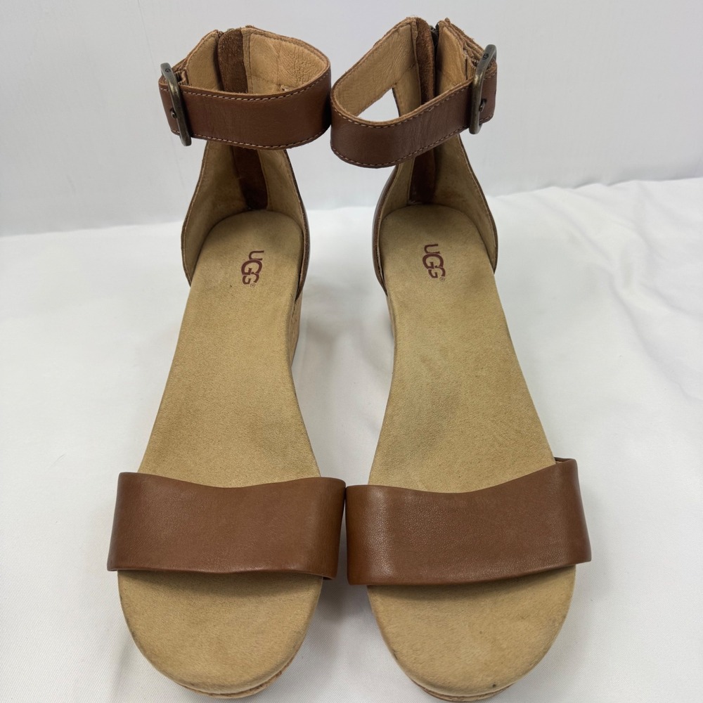 UGG Women Brown Leather Cork Wedge Ankle Strap Sandals 1102674 Size 9.5 - Picture 6 of 14